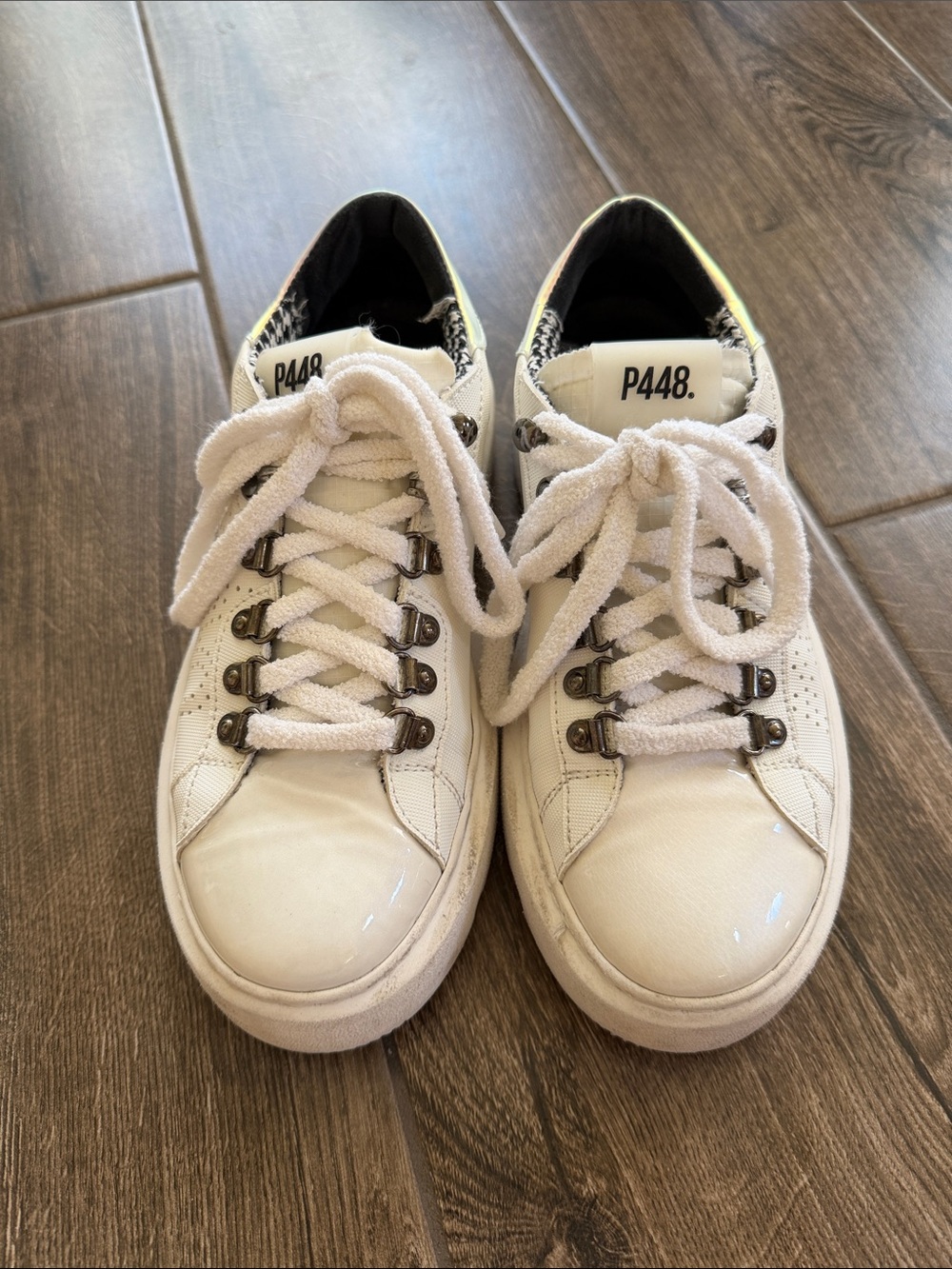 P448 Women’s White Leather Sneakers with Iridescent  Trim